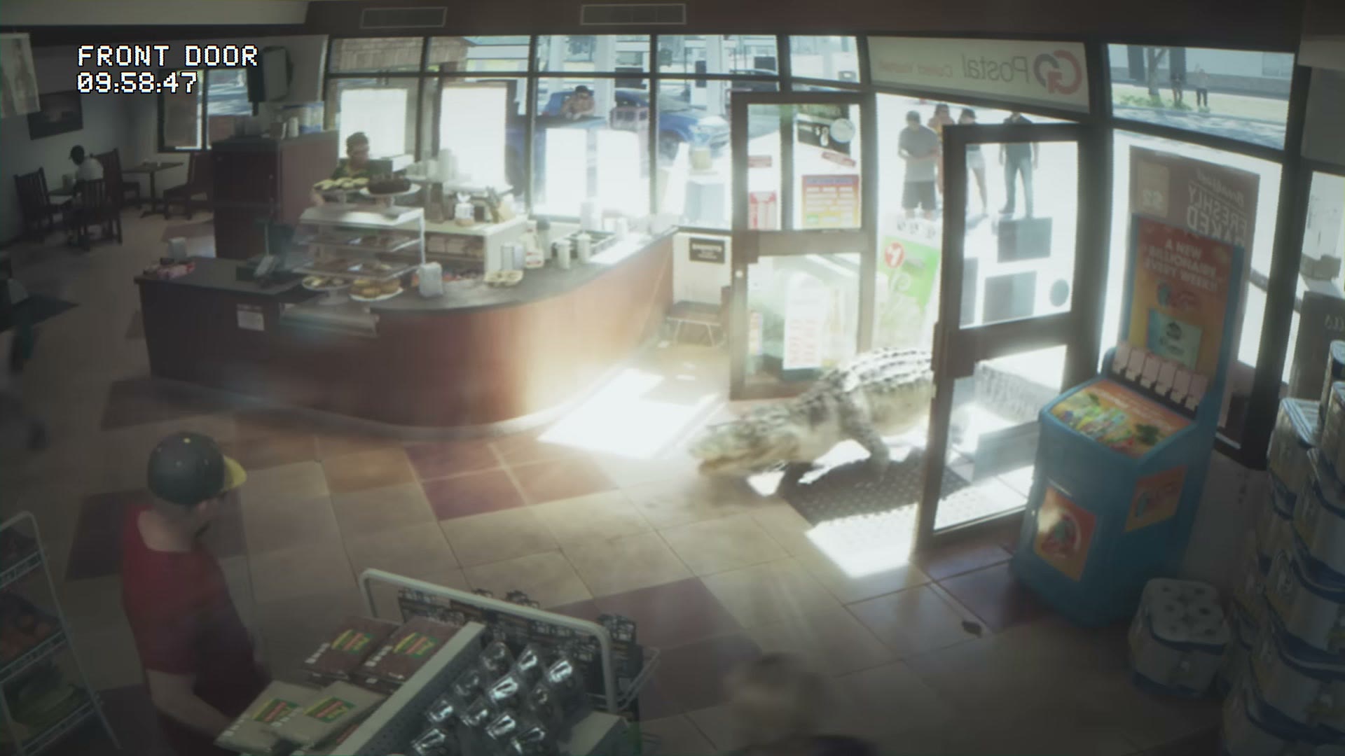 Image de caméra de surveillance montrant un alligator qui entre dans une supérette, dans le Trailer 1 de GTA VI