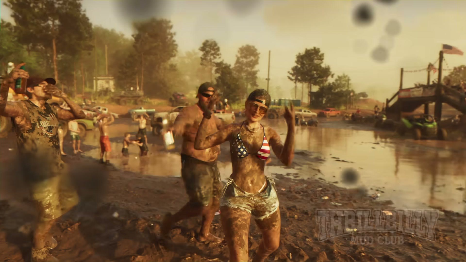 Des fêtards couverts de boue dansent et boivent dans un terrain boueux, dans le Trailer 1 de GTA VI