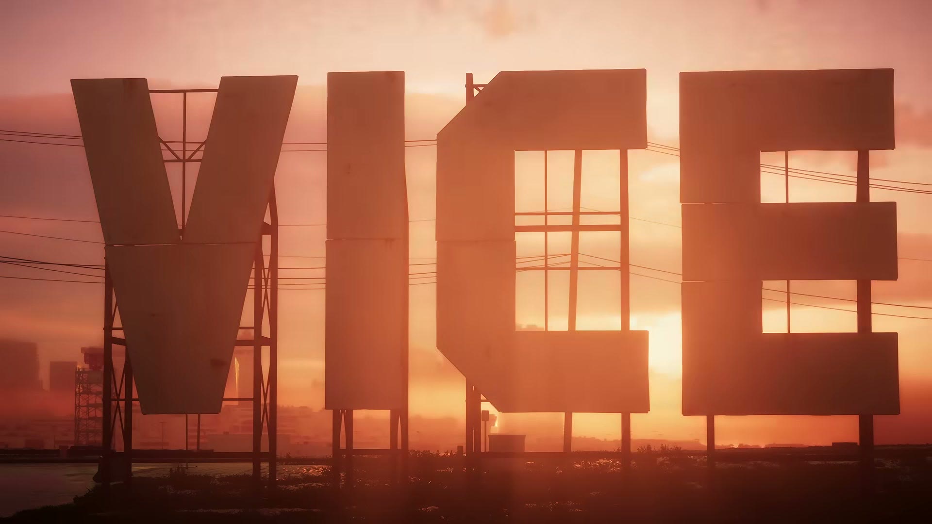 Les grandes lettres VICE en silhouette devant un coucher de soleil orangé, dans le Trailer 1 de GTA VI