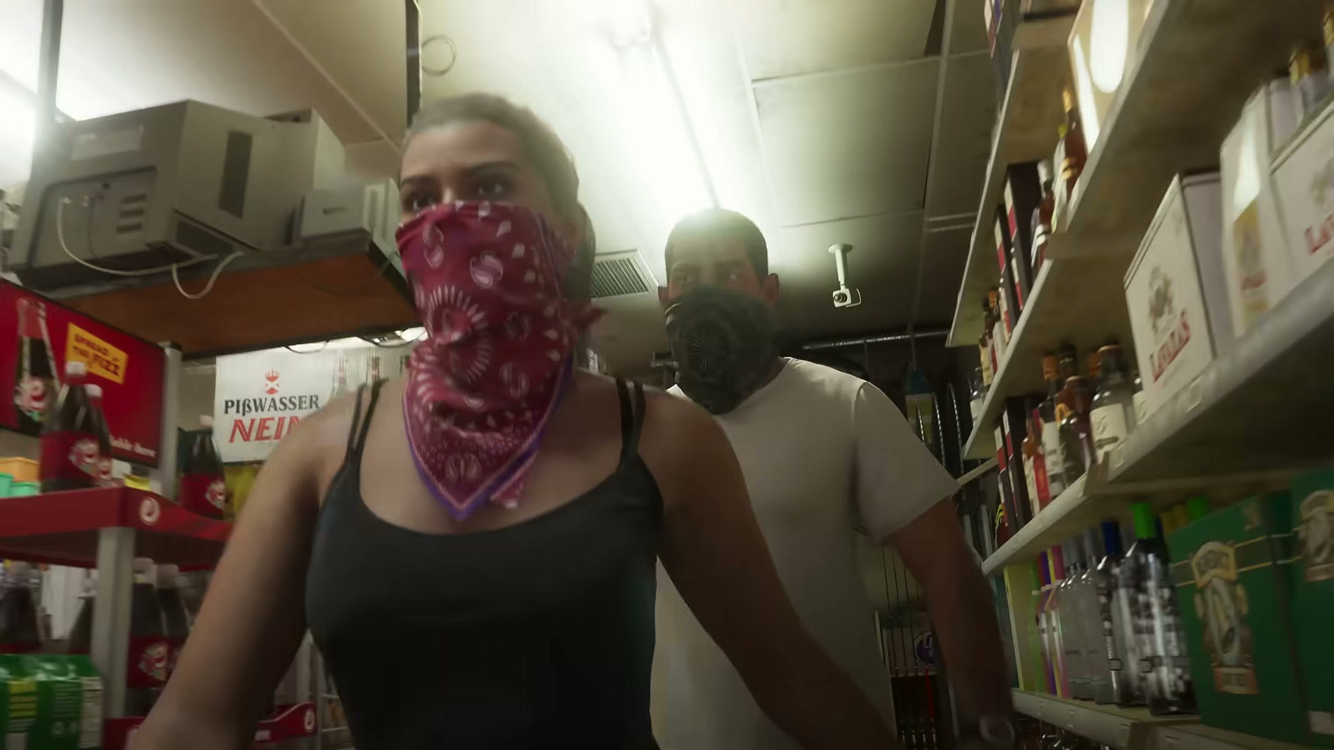 Lucia et Jason masqués dans les rayons d’une supérette, sous une enseigne Pißwasser NEIN, dans le Trailer 1 de GTA VI