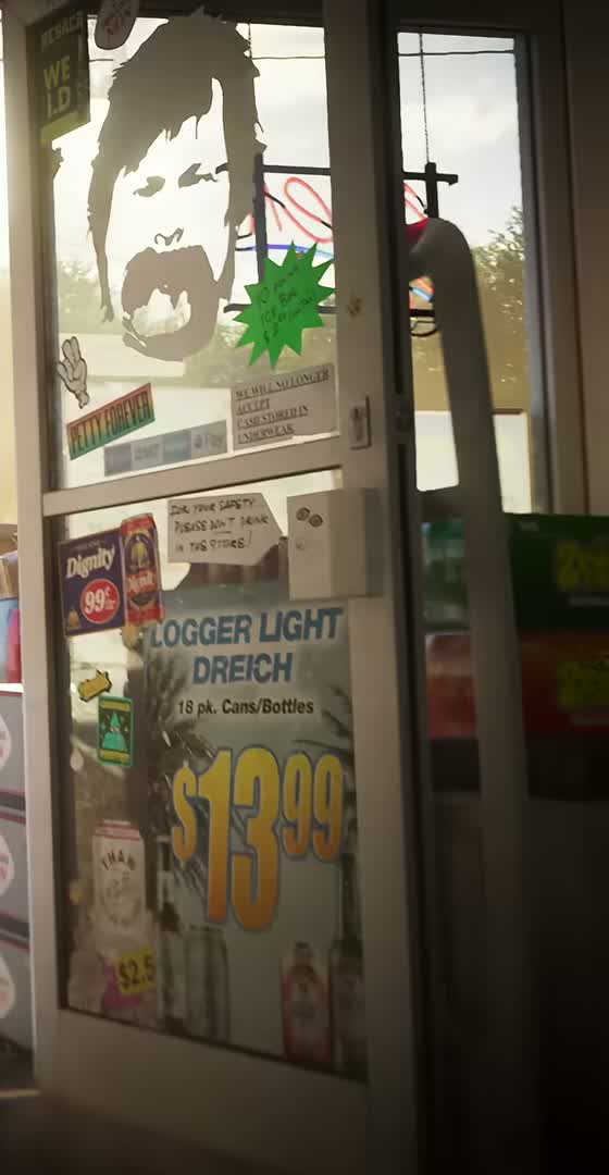Porte de supérette avec un grand visage moustachu, un autocollant Petty Forever et une affiche pour la bière Logger Light, dans le Trailer 1 de GTA VI