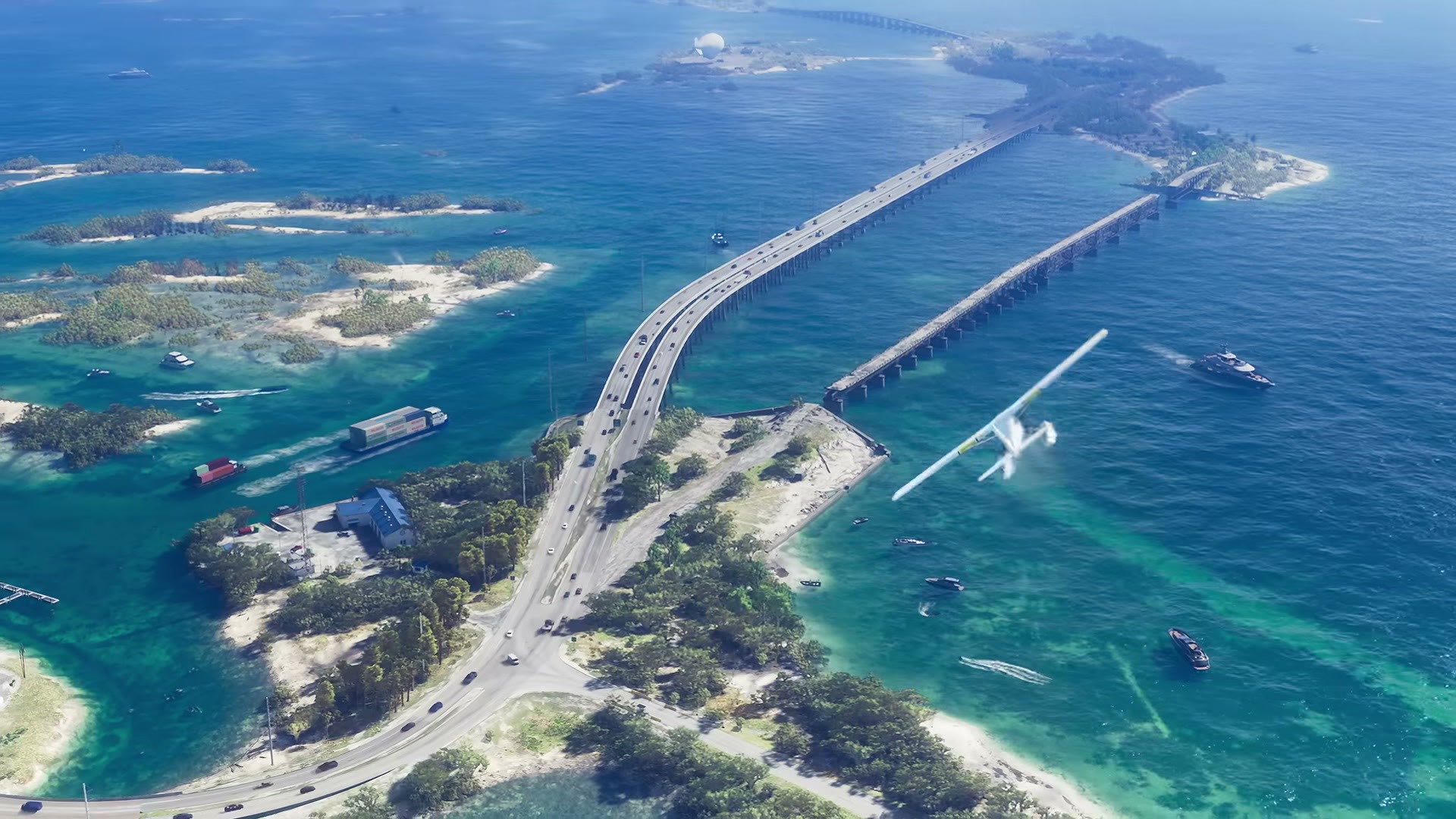 Vue aérienne de deux longs ponts parallèles reliant les îles des Leonida Keys, avec un hydravion, dans le Trailer 1 de GTA VI