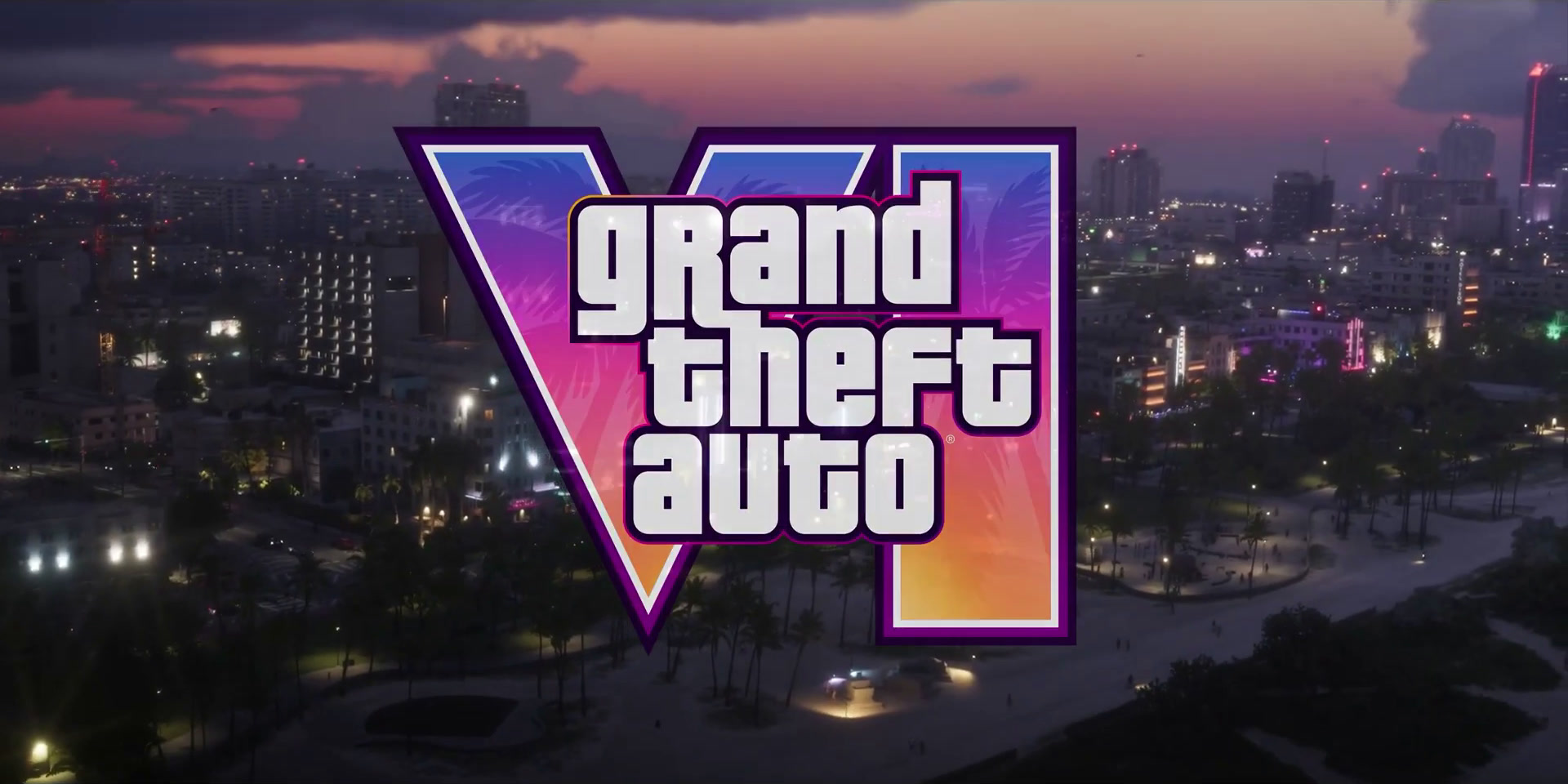 Logo Grand Theft Auto VI au-dessus de Vice City de nuit, écran titre du trailer de lancement
