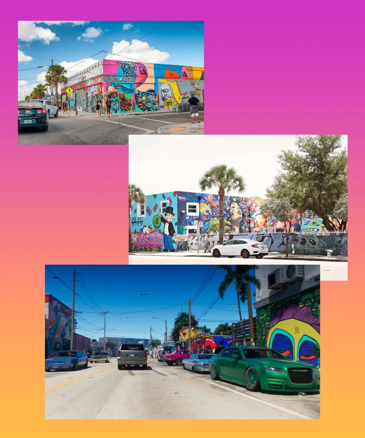 Deux photos de murs peints du quartier de Wynwood à Miami au-dessus d’une capture de GTA VI montrant une rue du Stockyard couverte de fresques