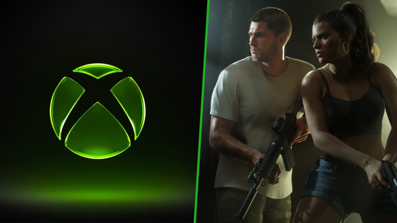 Logo Xbox lumineux à gauche, Jason et Lucia de GTA VI armés à droite
