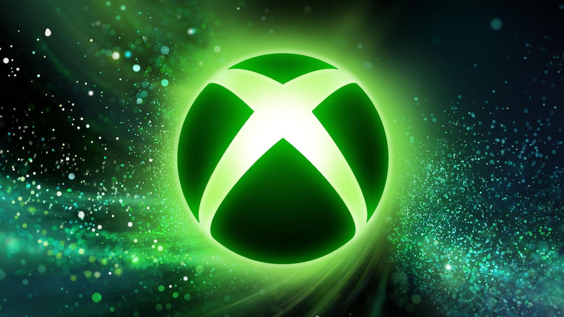Logo Xbox vert lumineux au centre d’un fond de particules