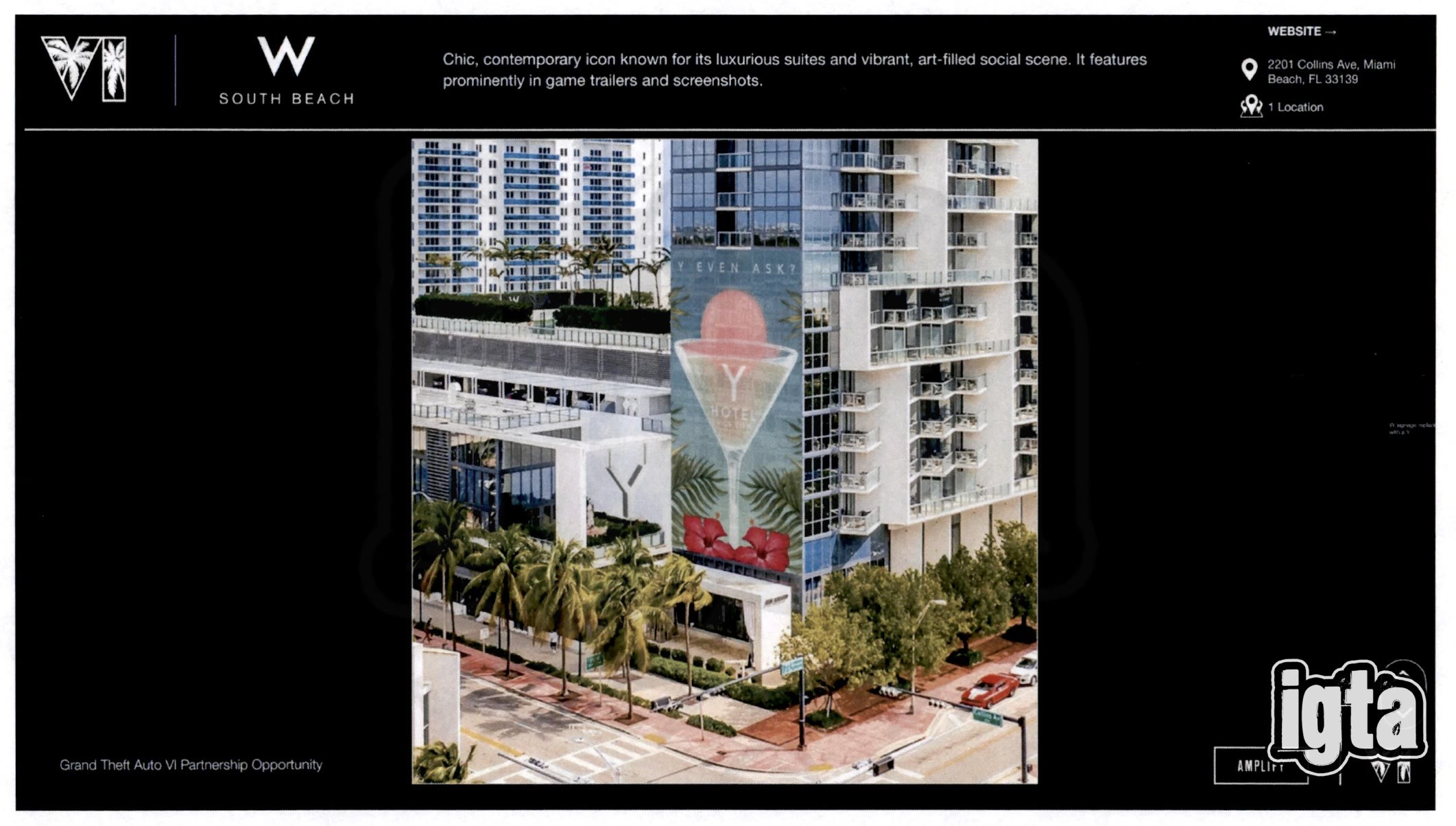Maquette du projet Rockstar pour l’hôtel W South Beach : le W remplacé par un Y et une fresque géante avec un cocktail, des hibiscus et le slogan « Y even ask? »