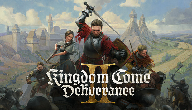 Visuel officiel de Kingdom Come: Deliverance II avec Henry brandissant une épée devant une ville médiévale