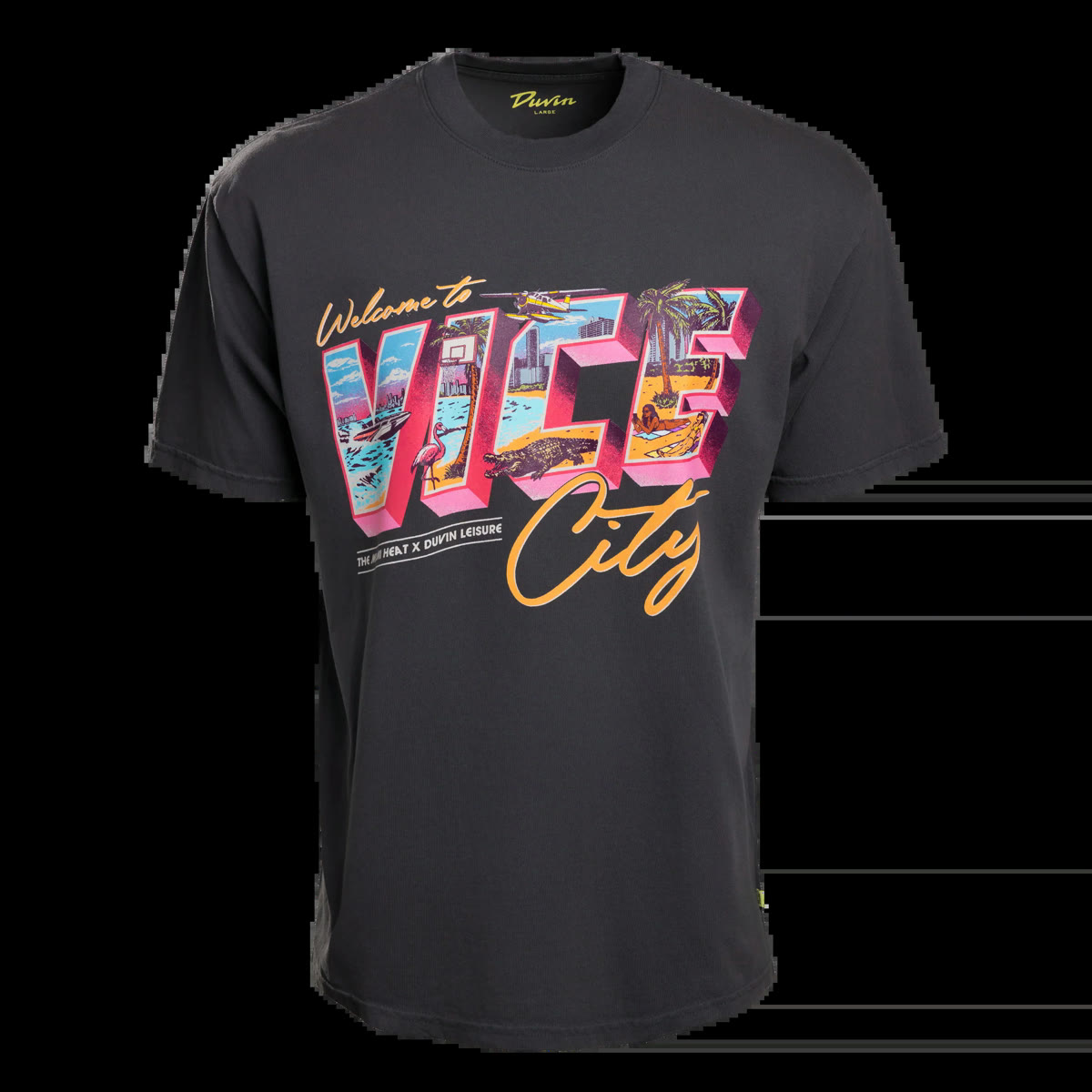 T-shirt noir façon carte postale « Welcome to Vice City » avec bateau, flamant rose, alligator et panier de basket dans les lettres
