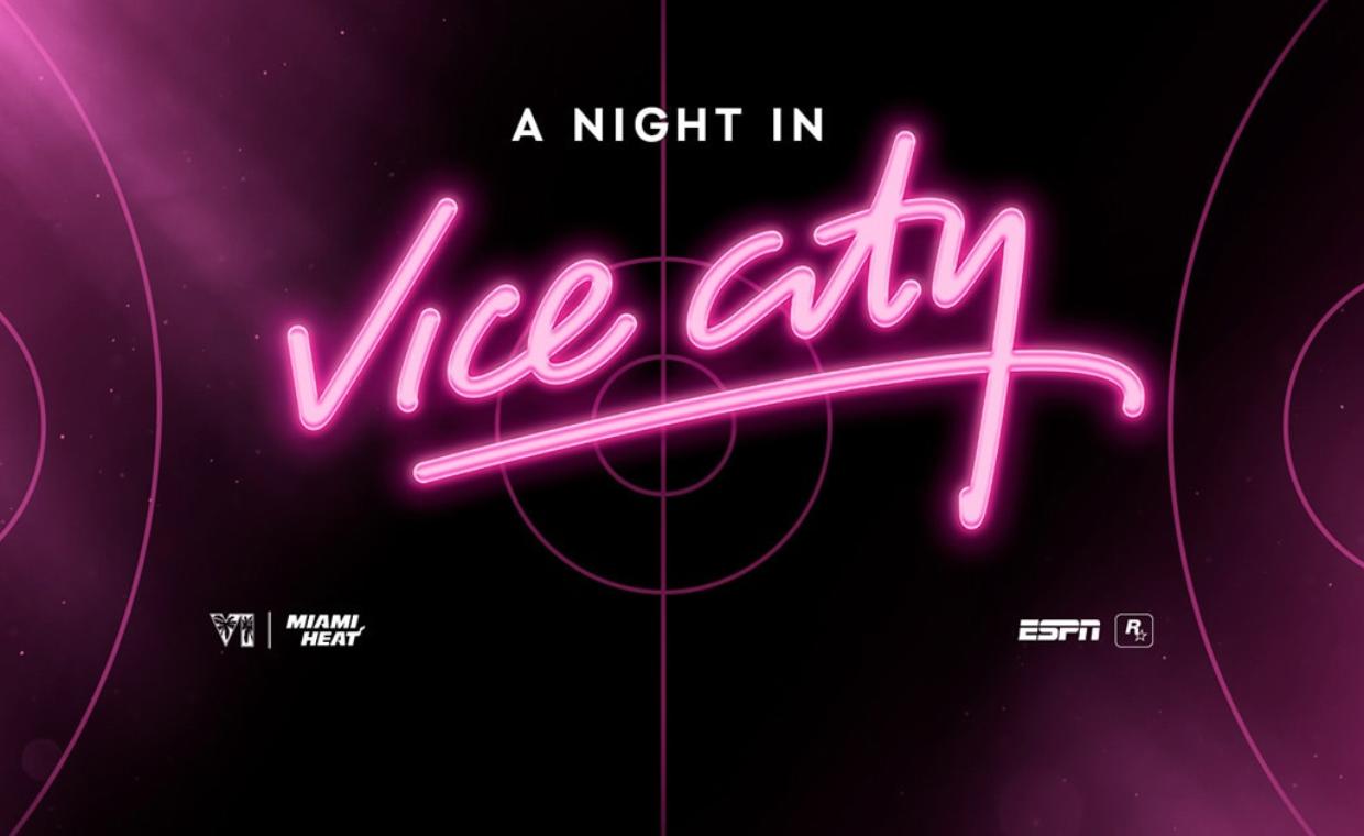 Visuel officiel « A Night in Vice City » : le logo Vice City en néon rose sur un terrain de basket, avec les logos GTA VI, Miami HEAT, ESPN et Rockstar Games