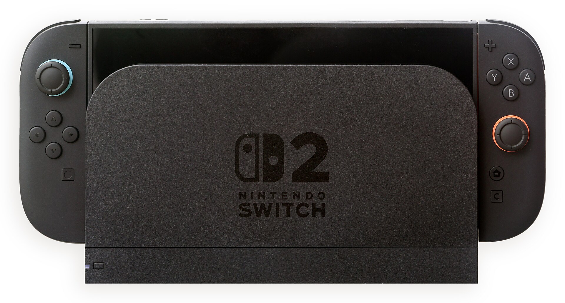 Console Nintendo Switch 2 noire posée sur sa station d’accueil, Joy-Con fixés de chaque côté