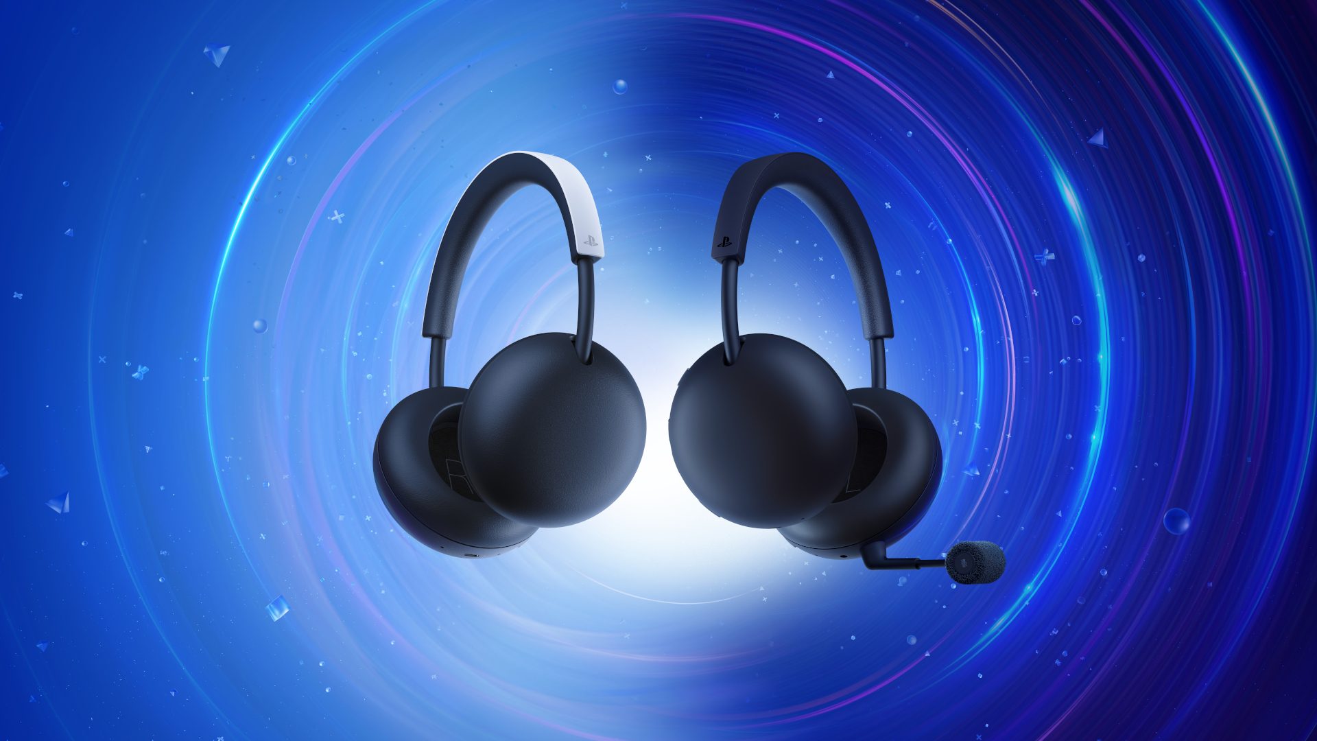 Le casque PlayStation Pulse en blanc et le PlayStation Pulse Edge noir avec micro, sur fond bleu PlayStation