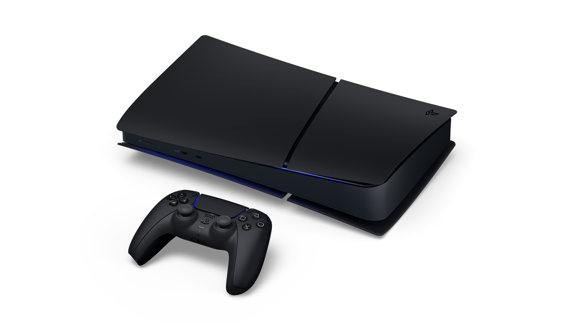 La PS5 Digital Edition Midnight Black posée à l’horizontale avec une manette DualSense noire
