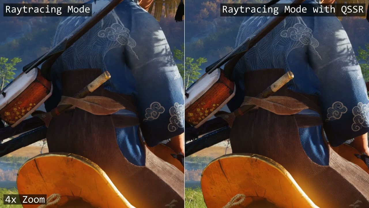 Comparaison zoomée du mode ray tracing de Ghost of Yōtei sur PS5, sans et avec le QSSR