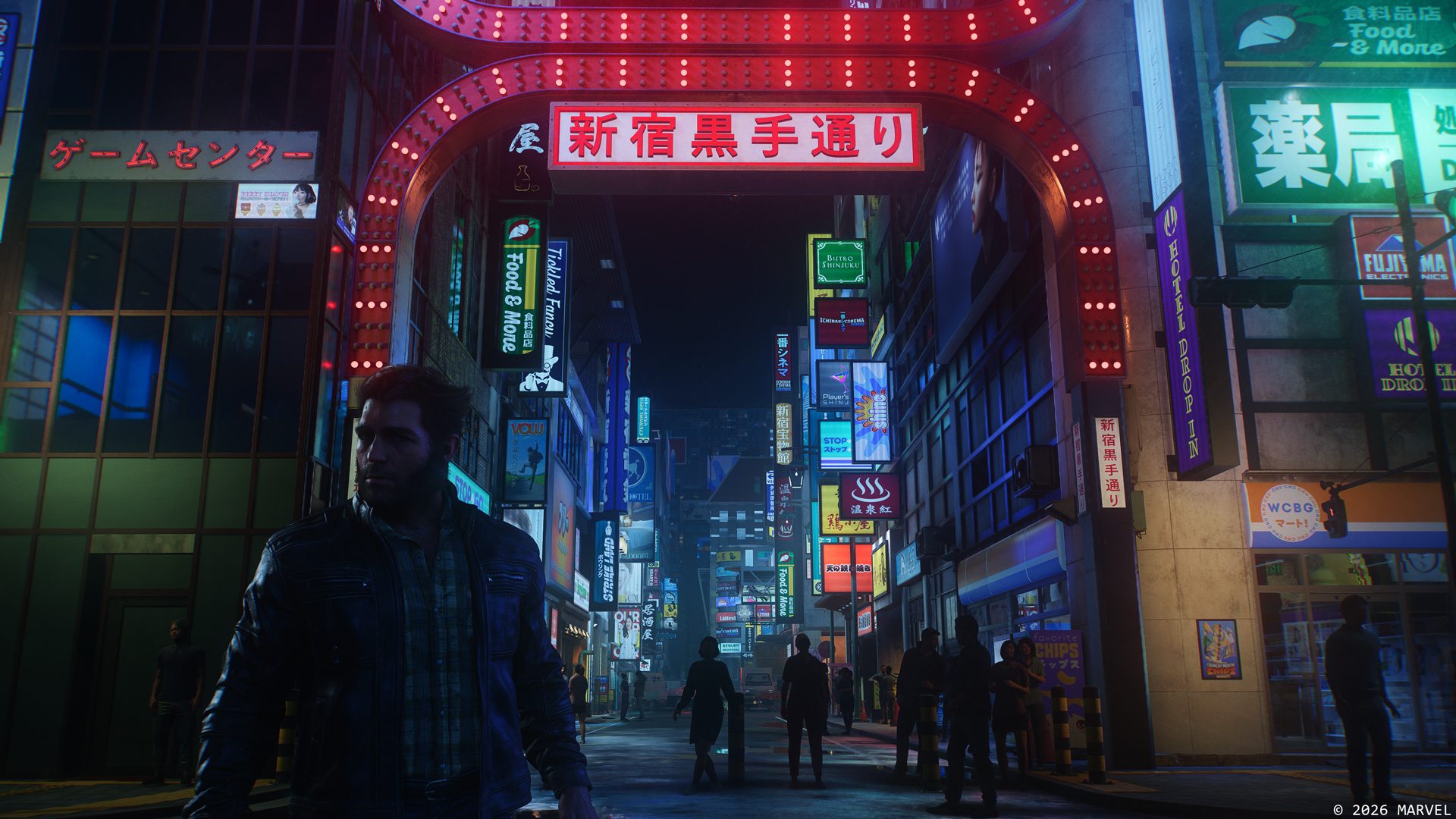 Logan dans une rue néon de Shinjuku, dans Marvel's Wolverine, premier jeu à utiliser le QSSR sur PS5