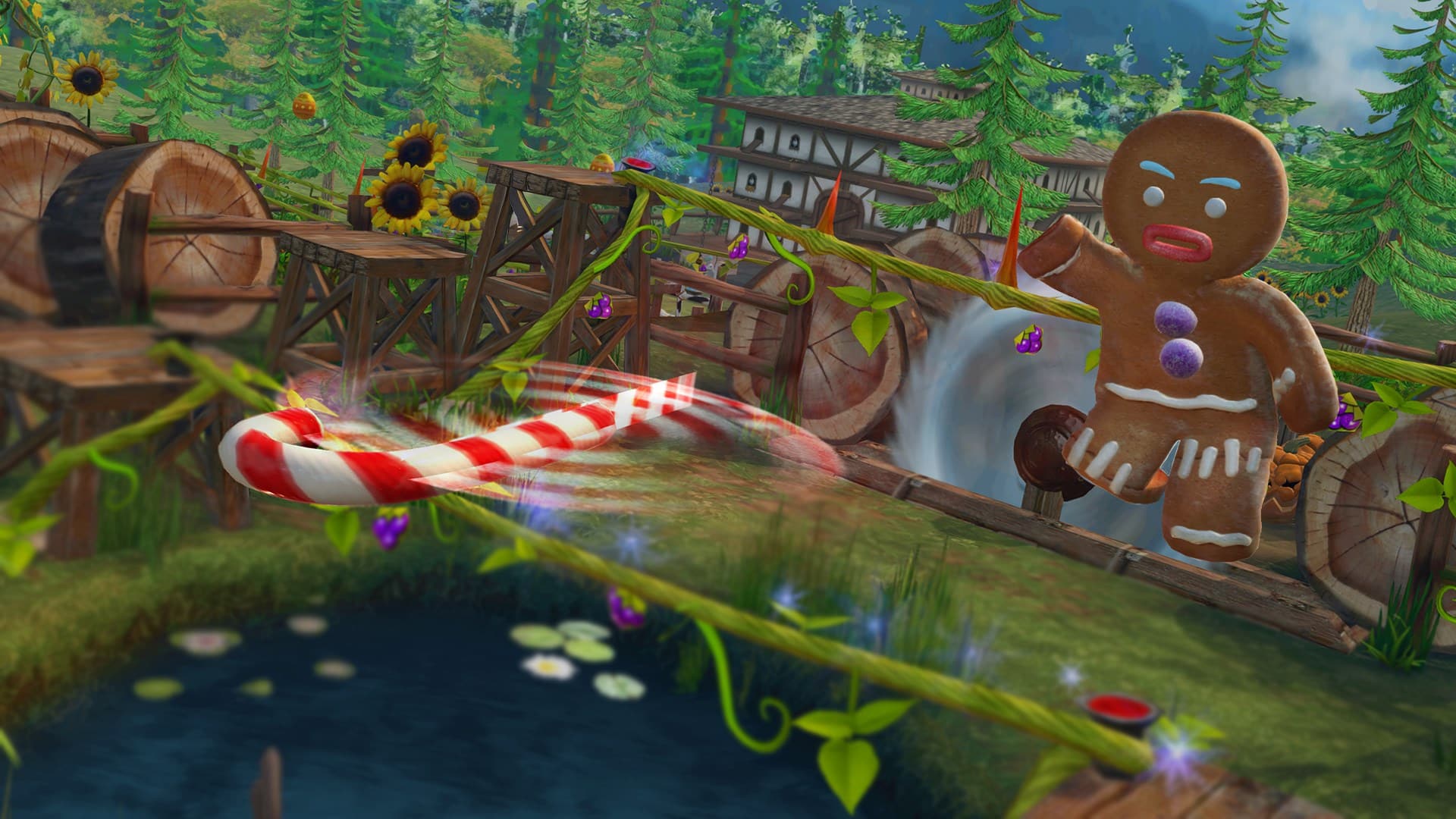 Capture officielle de Shrek 2 Remastered : Ti-Biscuit lance un sucre d’orge près d’un moulin
