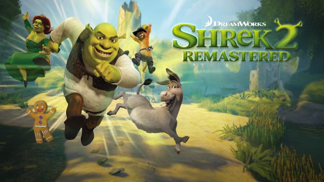 Visuel officiel de Shrek 2 Remastered avec Shrek, l’Âne, Fiona, le Chat Potté et Ti-Biscuit