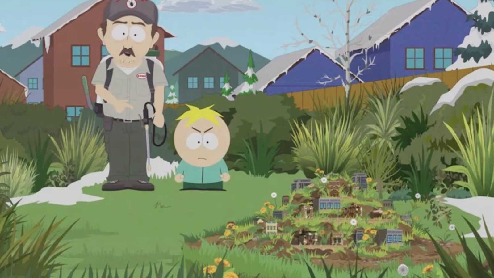 Scène de South Park : l’exterminateur en casquette et Butters, l’air furieux, devant une butte de minuscules centres de données dans un jardin