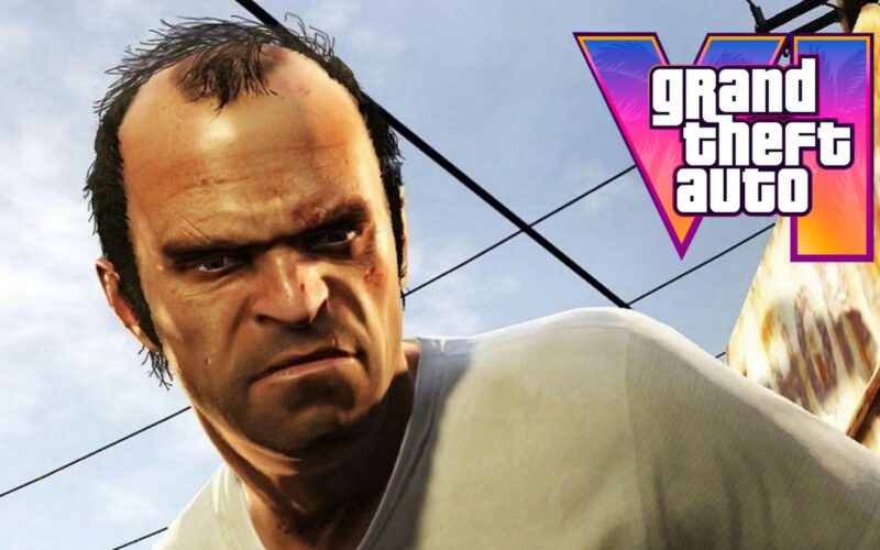 Trevor Philips, personnage de GTA V incarné par Steven Ogg, à côté du logo de Grand Theft Auto VI