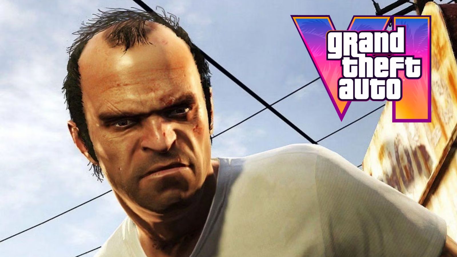 Trevor Philips, personnage de GTA V incarné par Steven Ogg, à côté du logo de Grand Theft Auto VI