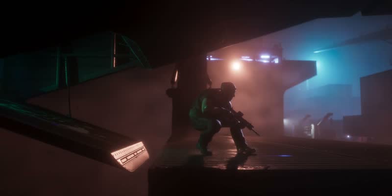 Trailer de lancement : Fusil en main dans une pièce enfumée