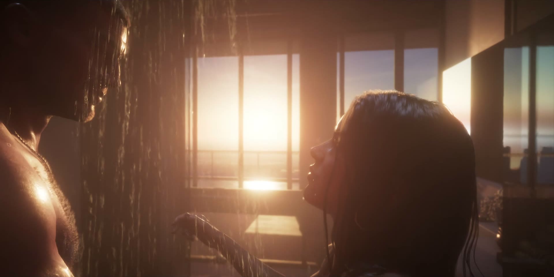 Jason et Lucia sous une douche baignée de soleil dans le trailer de lancement de GTA VI