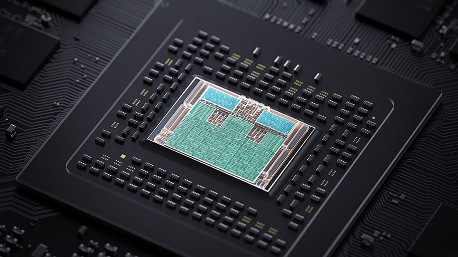 Gros plan sur le processeur d’une console Xbox posé sur sa carte mère